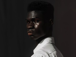 Obraz premium Close-up of young man with dark skin, wearing a white shirt. He has a short haircut and a serious expression on his face.