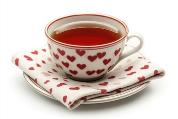 Fototapeta premium Red teacup with hearts on a matching saucer, placed atop a tablecloth or napkin. Perfect for a romantic afternoon tea.