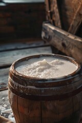 Fototapeta premium Traditional wooden barrel used in the fermentation process of ale or beer, showcasing yeast activity and liquid inside.