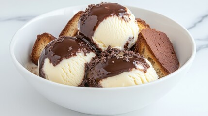 Three scoops of vanilla ice cream drizzled with rich chocolate sauce, served with toasted bread for a creative dessert combination.

