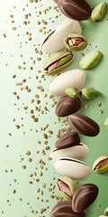 Obraz premium a packaging background in light and dark green tones with pistachios and chocolate particles stacked on the top, the bottom right part is empty, photorealistic.generative ai