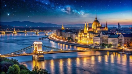 Naklejka premium Stunning Night View of Budapest with Illuminated Landmarks and Tranquil Danube River, Ideal for Travel and Cityscape Photography