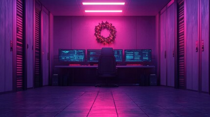 Festive Hacker Workstation in Server Room with Christmas Wreath