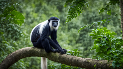 Obraz premium Colobus monkey in vibrant forest greenery, Ai Generated