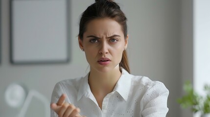 Woman in White Shirt Expresses Strong Emotion