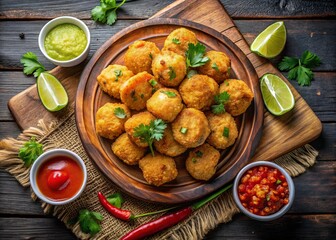 Delicious Bolinho de Bacalhau: Fried Codfish Fritters with Lime Hot Sauce, a Traditional Brazilian Seafood Appetizer Featuring Latin American Flavors for Culinary Enthusiasts
