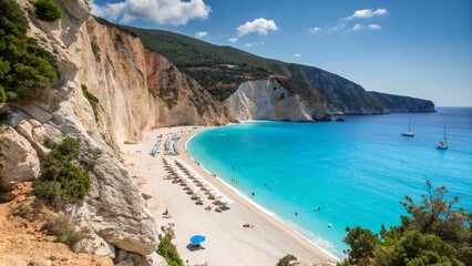 Obraz premium Stunning Product Photography of Porto Katsiki Beach in Lefkada, Greece – Capturing the Crystal Clear Waters, White Sandy Shores, and Breathtaking Cliffs for a Perfect Travel Experience