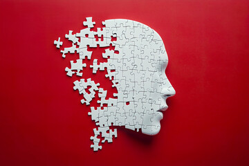 2D Human head from puzzle pieces, white puzzle pieces on different colors background. Mental health. Generative AI
