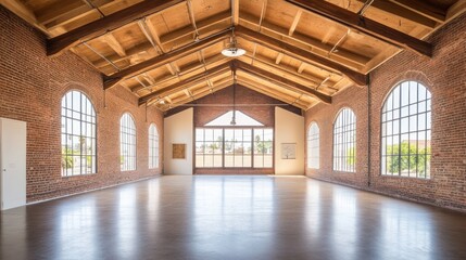 An empty, industrial-style space with exposed brick walls, a wood beam ceiling and large arched windows.