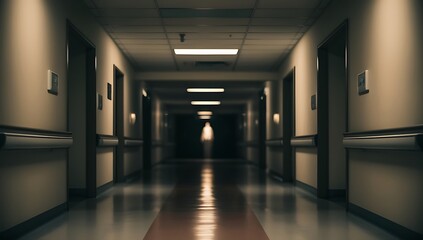 A dimly lit hospital hallway with a figure in the distance.
