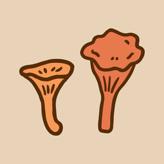 Cute mushrooms isolated on a beige background. Vector hand-drawn doodle illustration. Perfect for decorations, logo, various designs.