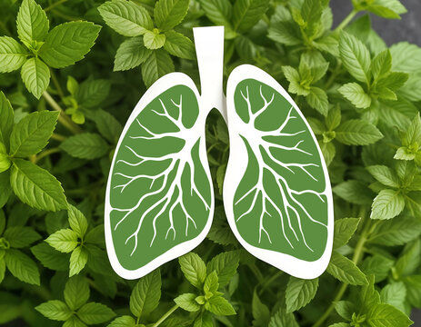Des poumons sur des feuilles vertes naturelles, symbolisant la sant&eacute;, la nature et le bien-&ecirc;tre respiratoire. Concept de sant&eacute; et de nature