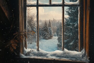 A Snowy Forest View Through a Frosted Window