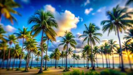 Stunning Tilt-Shift Photography of Palm Trees Silhouetted Against a Vibrant Blue Sky, Ideal for Tropical and Nature-Themed Projects, Perfect for Wall Art and Travel Promotions