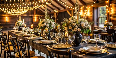Elegant Black and Gold Luxury Table Setting for Wedding Reception in a Barn, Awaiting Guests with Stylish Decor and Romantic Atmosphere for Memorable Celebrations