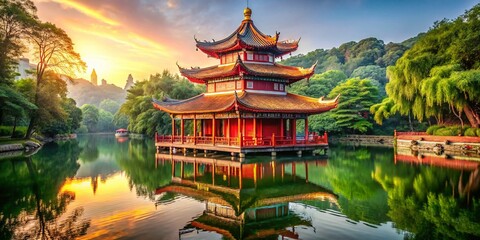 Obraz premium Stunning Traditional Chinese Pagoda with a Striking Red Roof and Golden Decorations Reflecting on Serene Water, Capturing the Essence of Ancient Architecture in a Tranquil Setting