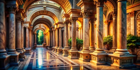 Naklejka premium Stunning Vault Gallery with Stone Colonnade in Tilt-Shift Photography Style - 3D Illustration and Rendering of Architectural Elegance and Detail