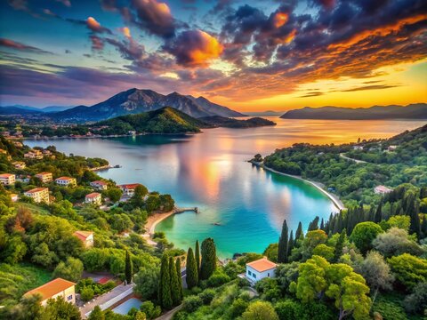 Stunning View of Dassia Beach in Corfu, Greece: A Serene Landscape of Turquoise Waters and Lush Greenery Surrounded by Majestic Mountains on the Ionian Islands