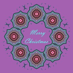 illustration décorative circulaire multicolore sur fond lilas composé de 8 motifs et texte :Merry Christmas