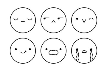 A cute emoji set with different facial expressions. Doodle characters with happy, joyful, sad, disappointed, surprised, crying mood. Vector hand-drawn illustration. Perfect for social media, stickers.