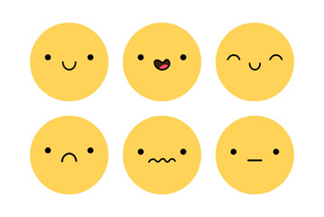 A cute emoji set with different facial expressions. Yellow characters with happy, joyful, sad, disappointed, surprised mood. Vector flat illustration. Perfect for social media, stickers.