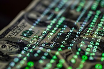 Binary code is overlaying american one hundred dollar bills in this image illustrating cybersecurity