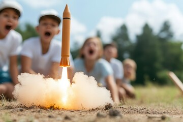 Kids' amazed faces watch model rocket soar, thrust igniting wonder.