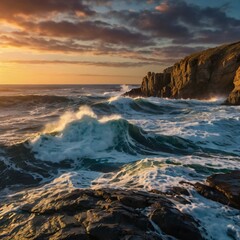 Obraz premium Ocean Waves Crashing Cliffs