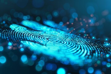 Digital fingerprint glowing on blue technology background representing cybersecurity and personal data protection