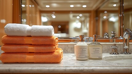 Luxury Bathroom Interior with White and Orange Towels  Soap Dispenser and Sink