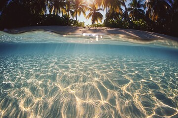 Sunlight filtering through palm trees onto tranquil turquoise water