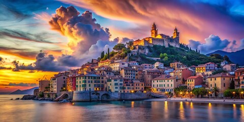 Surreal Landscape of Il Castelletto di Finale Ligure Blending Dreamlike Elements and Natural Beauty with a Mystical Sky and Enchanting Architecture