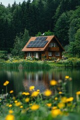 Sustainable Eco Friendly Wooden House Nestled Near Serene Lake in Lush Forest Landscape