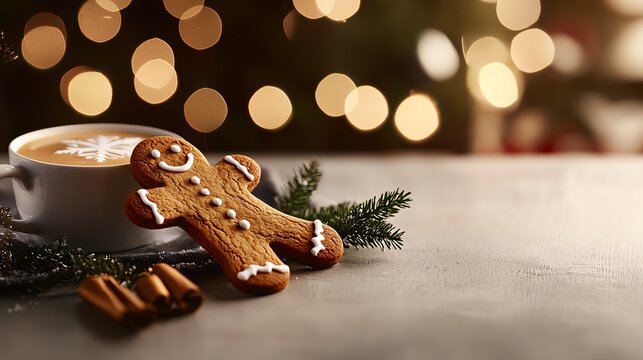 Delight in the festive spirit with a gingerbread man cookie and cozy christmas drink decor