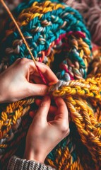 Hands knitting with colorful yarn. AI.