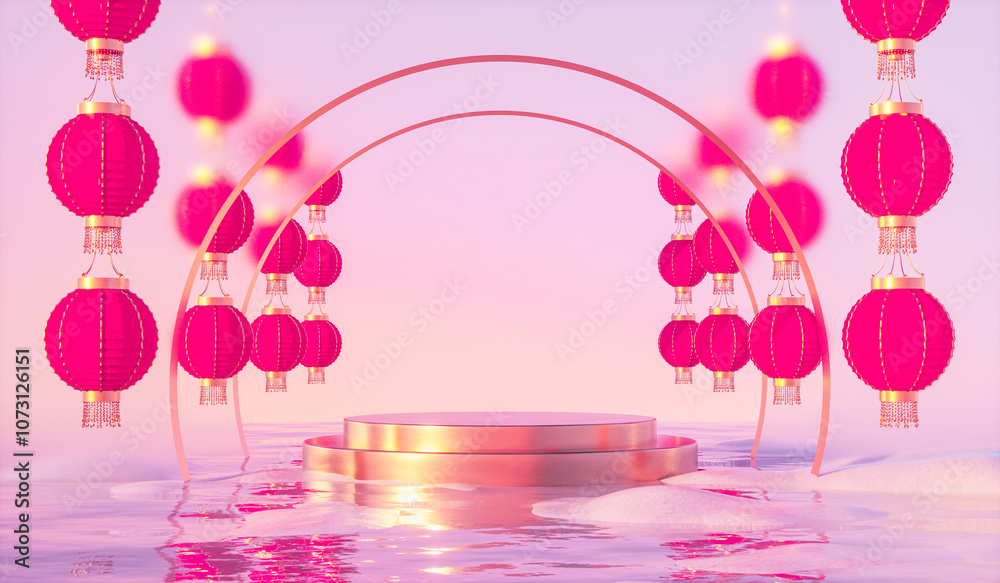 Fototapete abstract chinese lantern background with a podium for product display. 3d rendering.