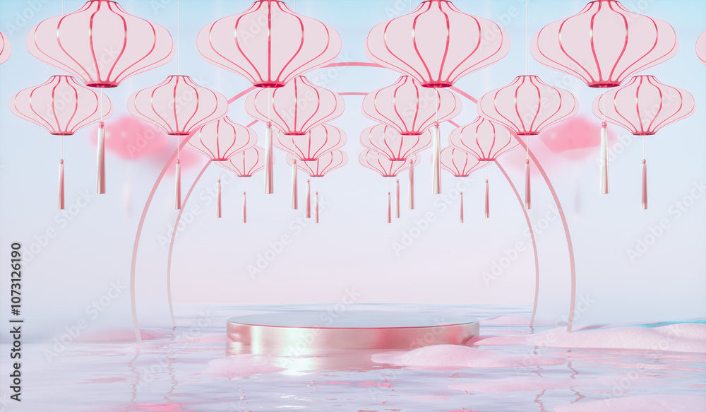 Poster Abstract Chinese lantern background with a podium for product display. 3d rendering.