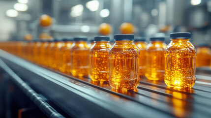 Orange juice bottles on production line in beverage manufacturing plant