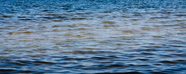 Background with small waves of sea water, focus on the lightest part, shoal; blurred foreground and background.
