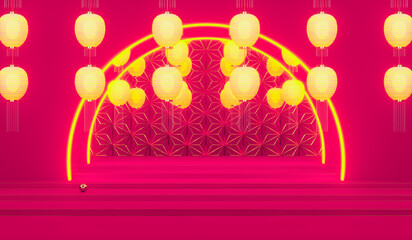 Abstract Chinese lantern background with a podium for product display. 3d rendering.