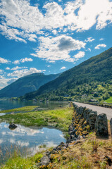 Fototapeta premium Fjærlandsfjorden is a fjord in Vestland county, Norway. It is an arm of the fjord that branches off from the main Sognefjorden to the north, passing through the municipality of Sogndal.