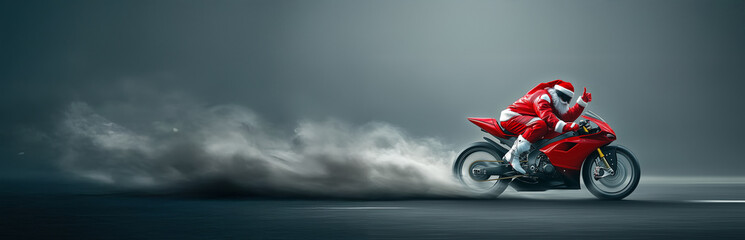 Abstract crazy Santa claus on supersport racing motorcycle in red white leathers thumbs up  wide panorama banner christmas background as design pattern with copy space