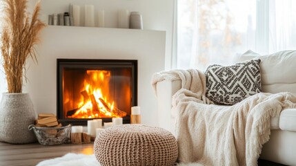 Cozy Living Room with Fireplace, Blanket, and Ottomans