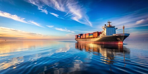 Naklejka premium Majestic Cargo Ship Sailing on Tranquil Waters Under a Clear Blue Sky, Ideal for Maritime Themes, Shipping Industry, and Nautical Photography Needs
