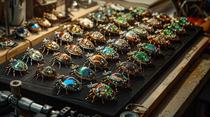 A collection of intricate jeweled beetles displayed on a black surface. AI.