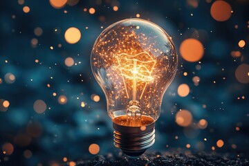 Bright light bulb shining with magic sparks on dark background