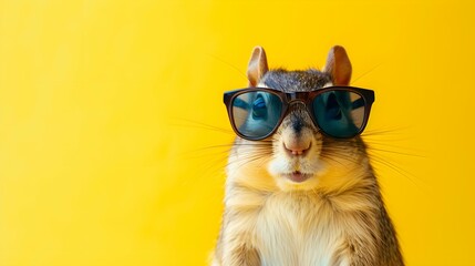 chipmunk wearing sunglasses on a yellow color background, vector art, digital art, faceted, minimal, abstract, panorama background. Generative AI.