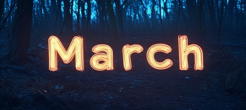 Neon March Sign In Dark Forest A Vibrant Reminder Of Springs Imminent Arrival Amidst Gloomy Woods