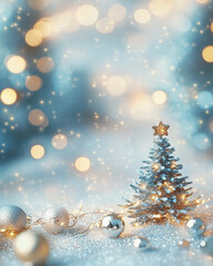 Naklejka premium A magical and enchanting winter scene featuring a sparkling Christmas tree, a pine cone, and a beautiful bokeh background.