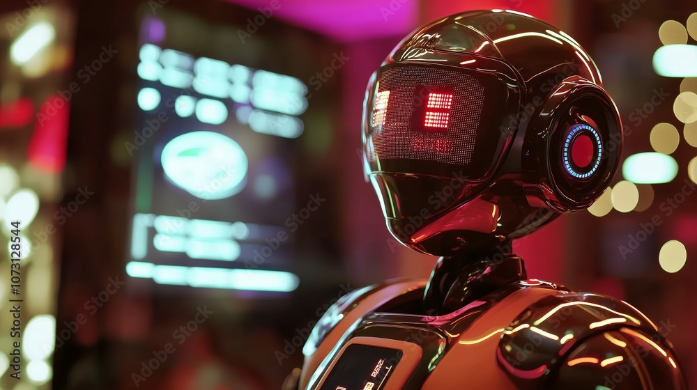 Poster close-up view of an ai robot engaged with virtual screens in a vibrant setting emphasizing technolog